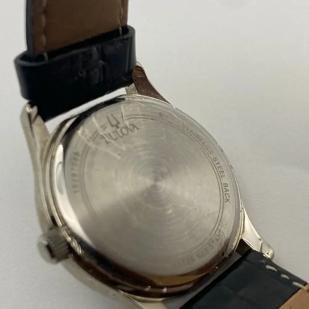 Elegant Bulova Silver Tone Watch with Black Leather Band Working New Battery - Picture 6 of 9